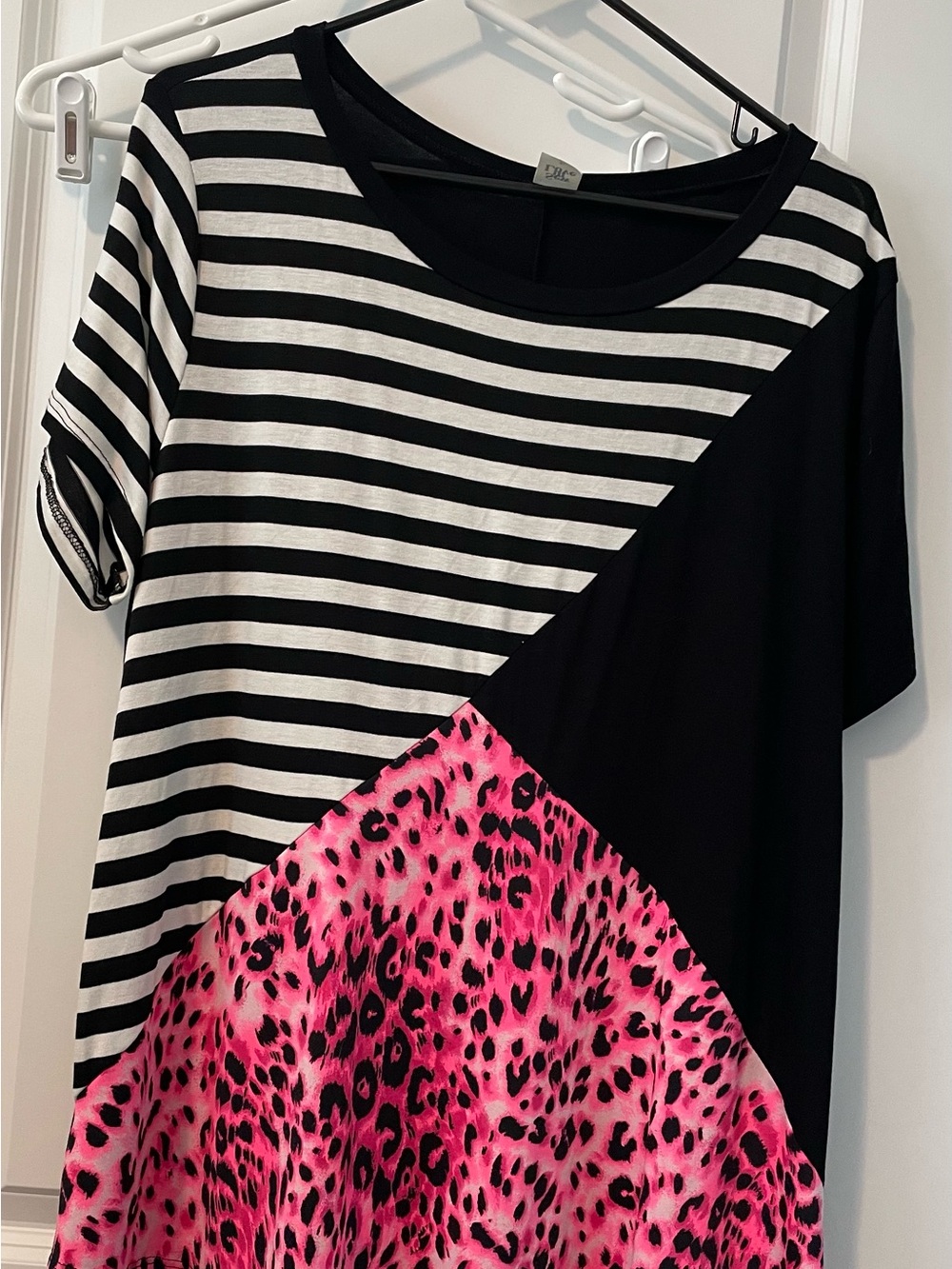 Sew In Love Black, White & Hot Pink Colorblock Leopard Stripe Top